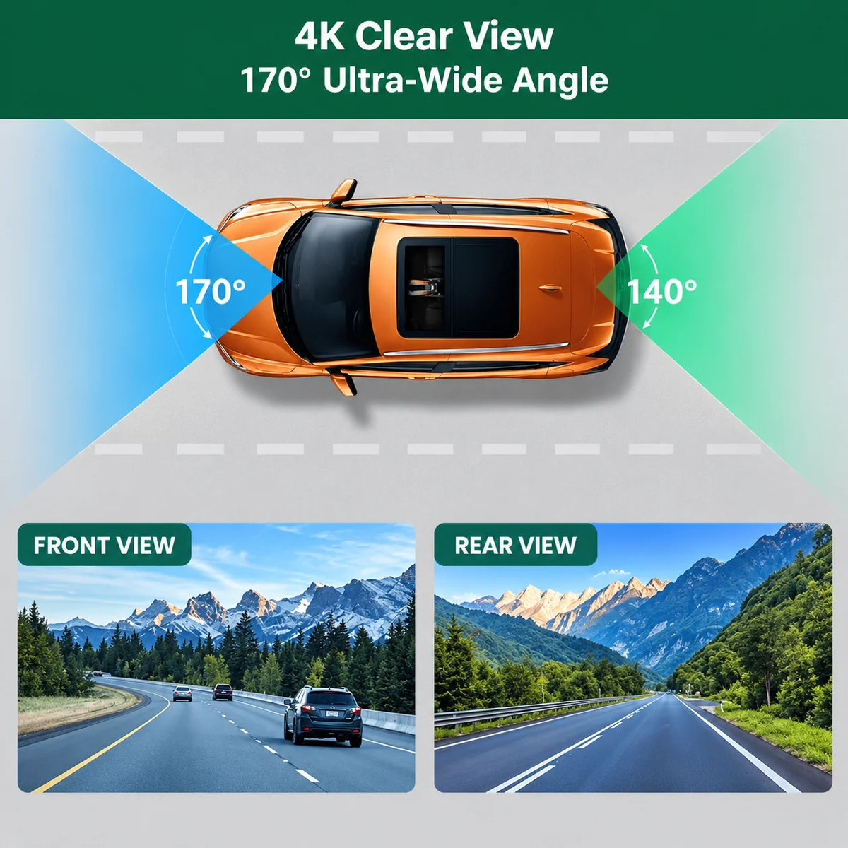 Dash Cam Dual-Lens 4K Front & Full HD Rear
