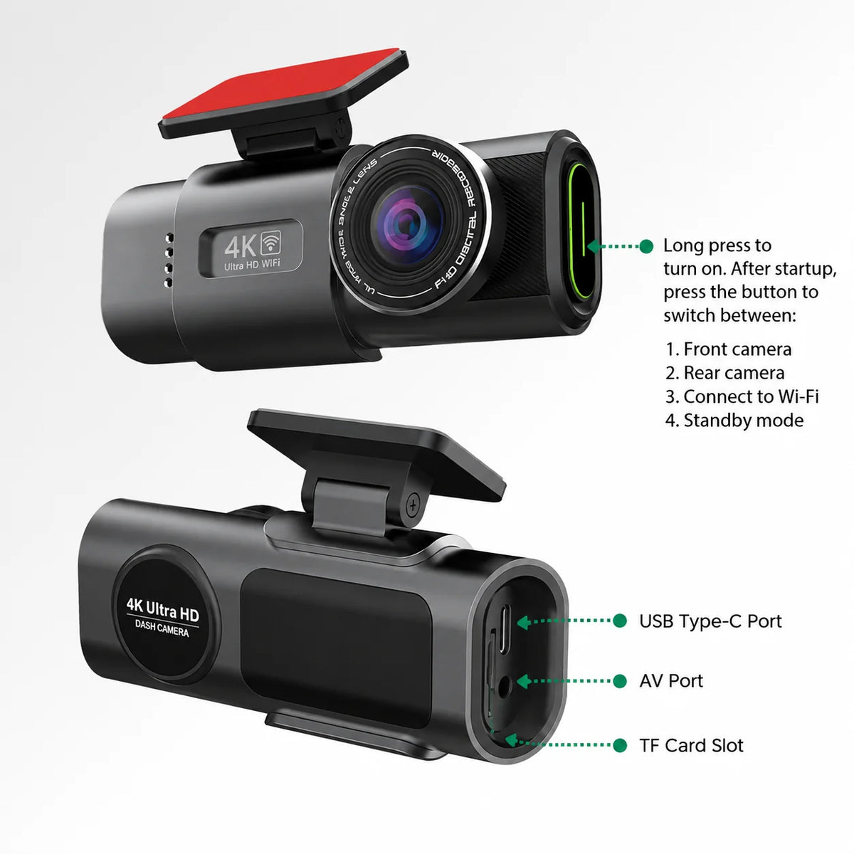 Dash Cam Dual-Lens 4K Front & Full HD Rear