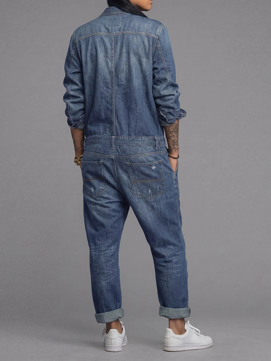 Denim Jumpsuit Lightweight Cotton Utility Pockets Relaxed Fit