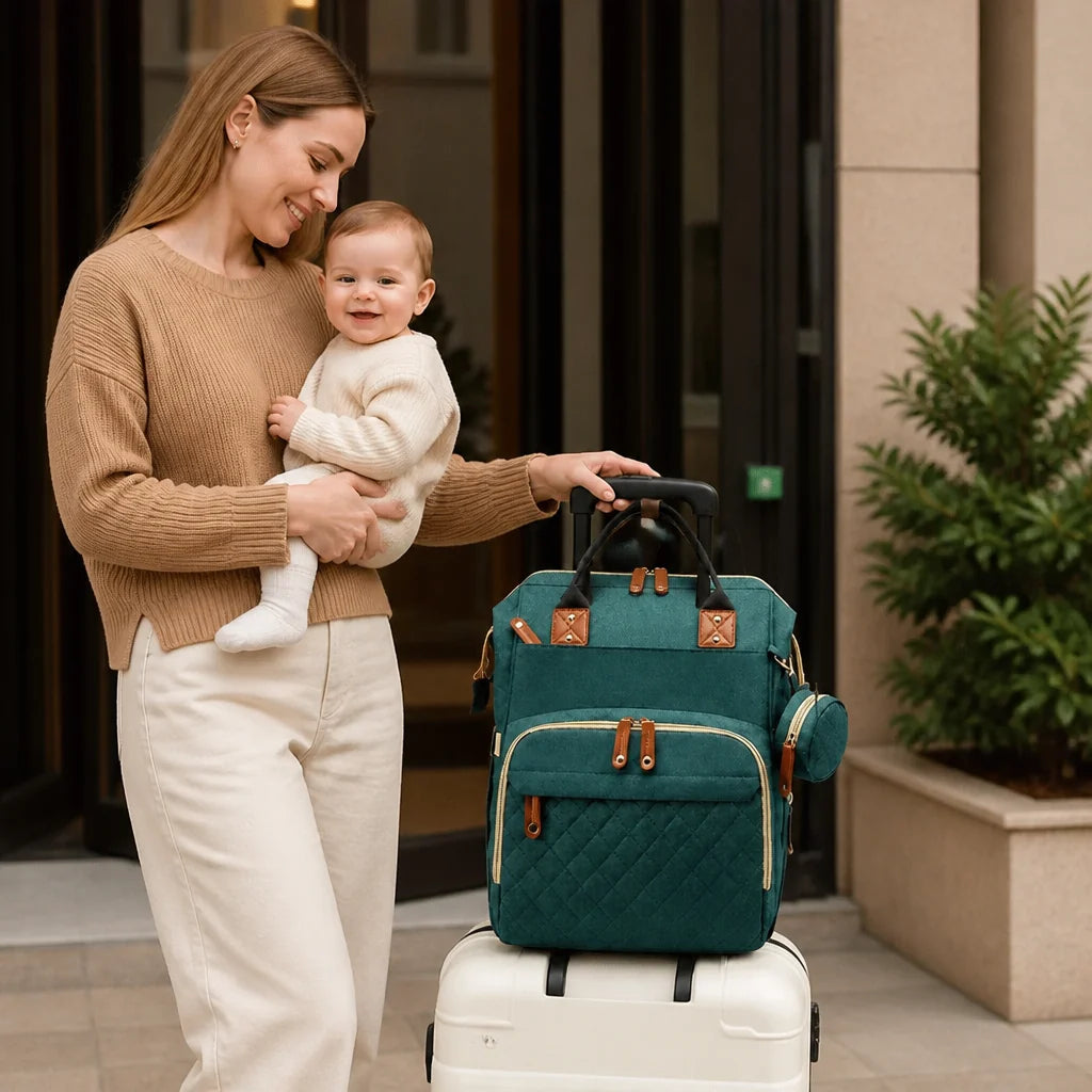 Diaper Backpack Fold-Out Padded Baby Bed Multiple Zippered Compartments