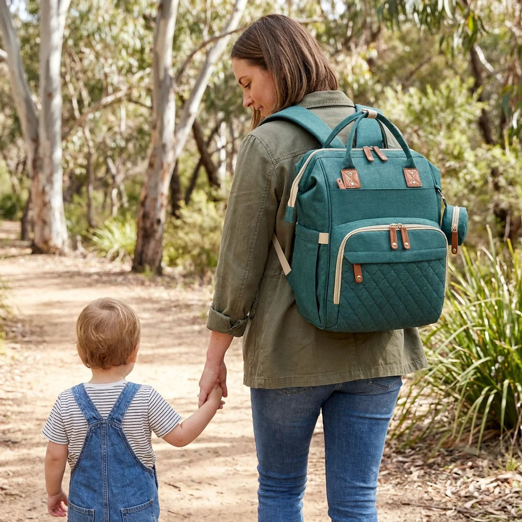 Diaper Backpack Fold-Out Padded Baby Bed Multiple Zippered Compartments