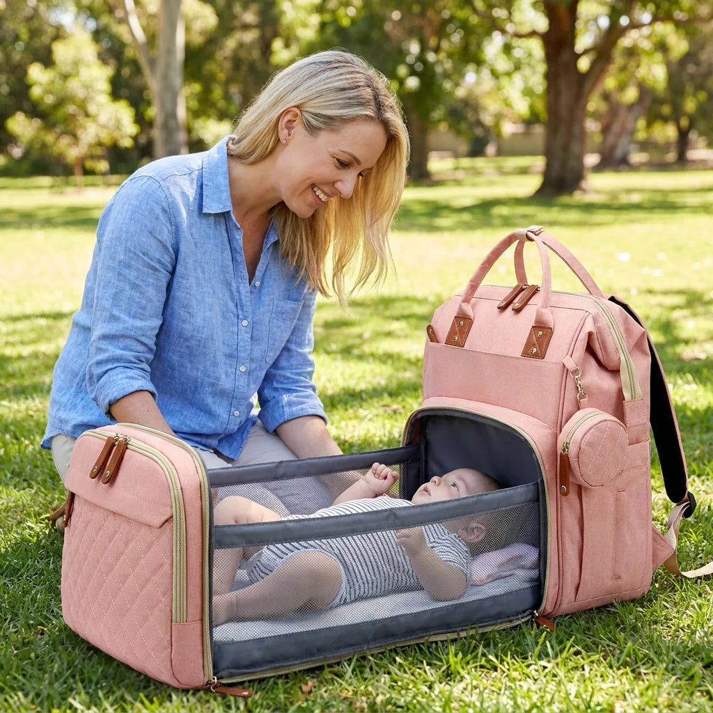 Diaper Backpack Fold-Out Padded Baby Bed Multiple Zippered Compartments