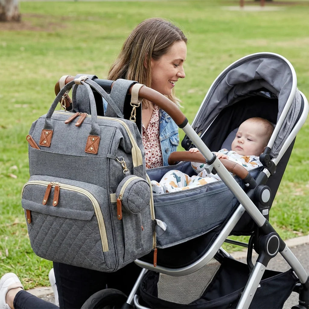 Diaper Backpack Fold-Out Padded Baby Bed Multiple Zippered Compartments