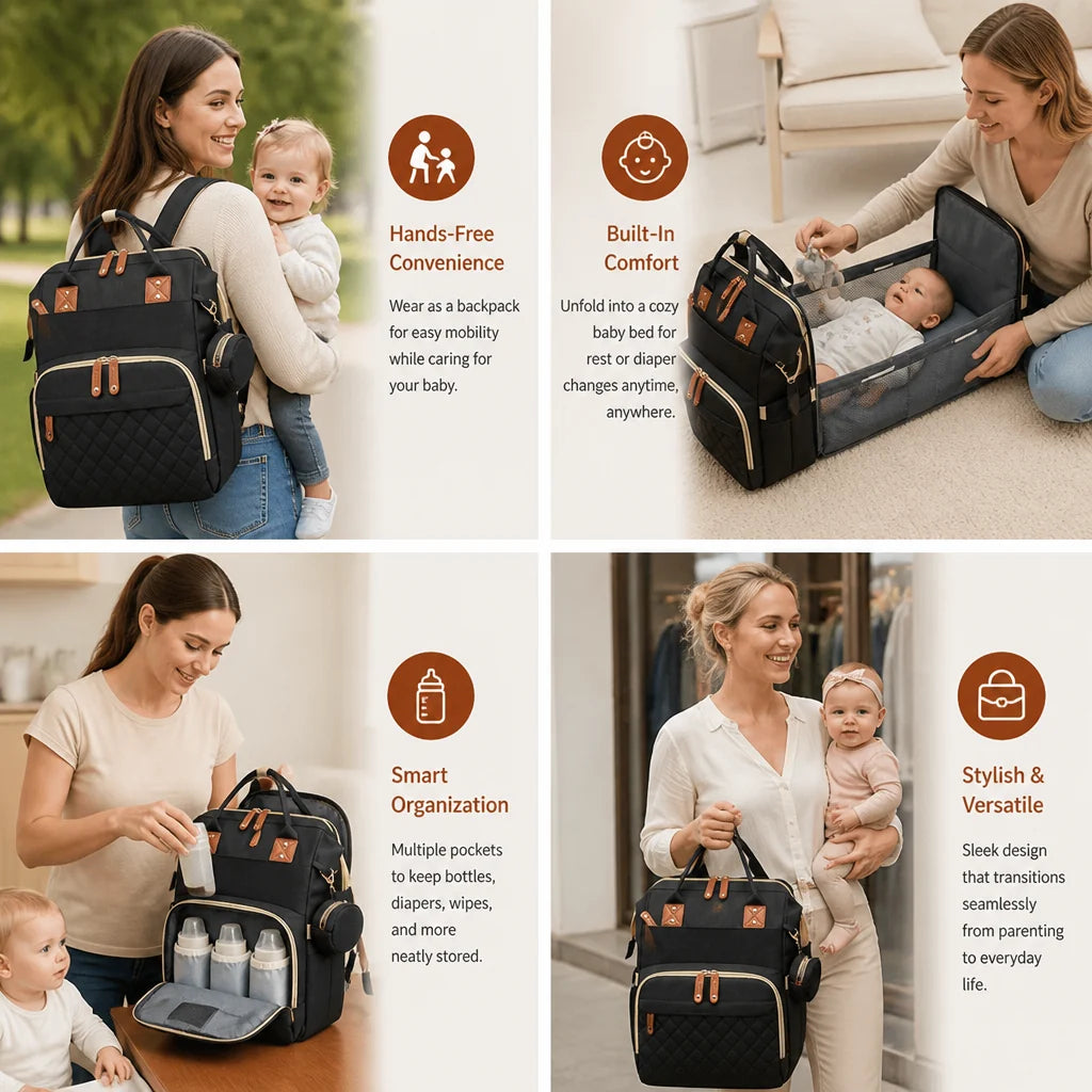 Diaper Backpack Fold-Out Padded Baby Bed Multiple Zippered Compartments