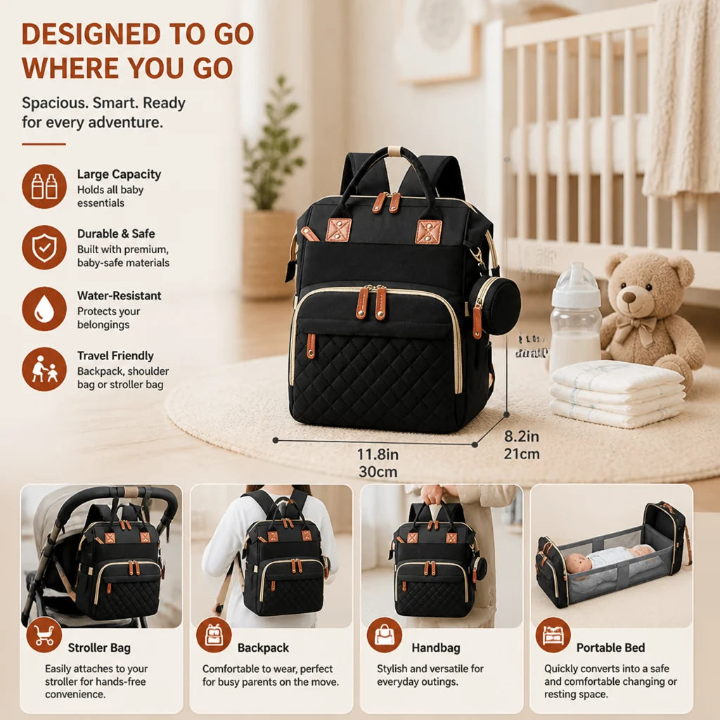 Diaper Backpack Fold-Out Padded Baby Bed Multiple Zippered Compartments