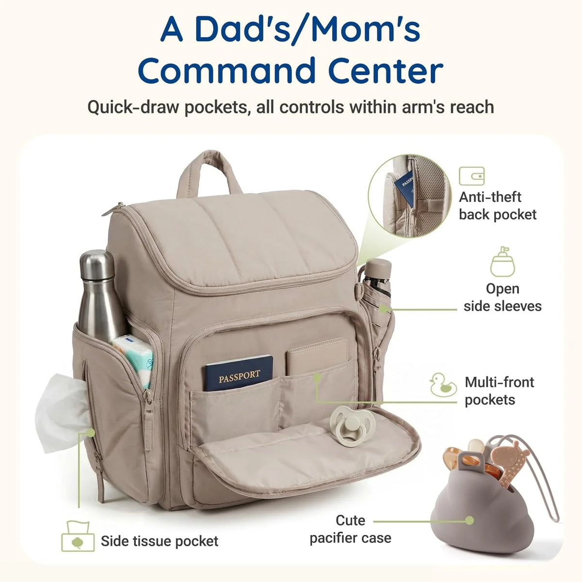 Diaper Backpack Insulated Bottle Pockets Divided Interior Stroller Loops