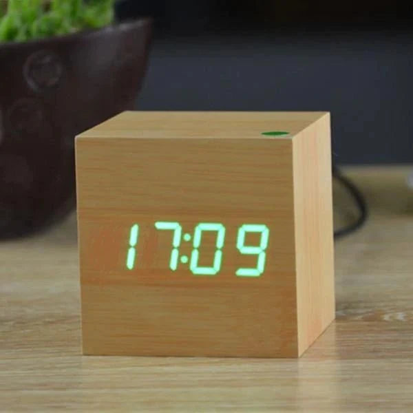 Digital Cube Clock Bamboo & Wood Battery-Powered