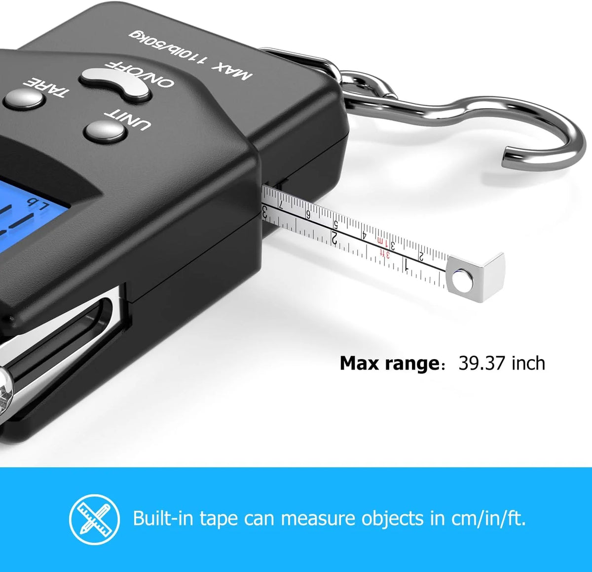 Digital Hanging Scale Built-In Tape Measure 110 Lb Capacity Backlit LCD