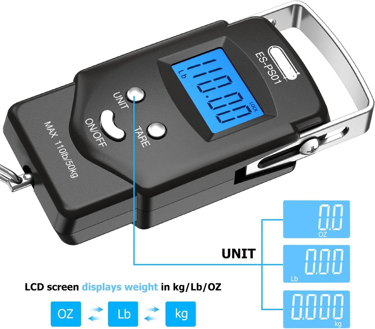 Digital Hanging Scale Built-In Tape Measure 110 Lb Capacity Backlit LCD