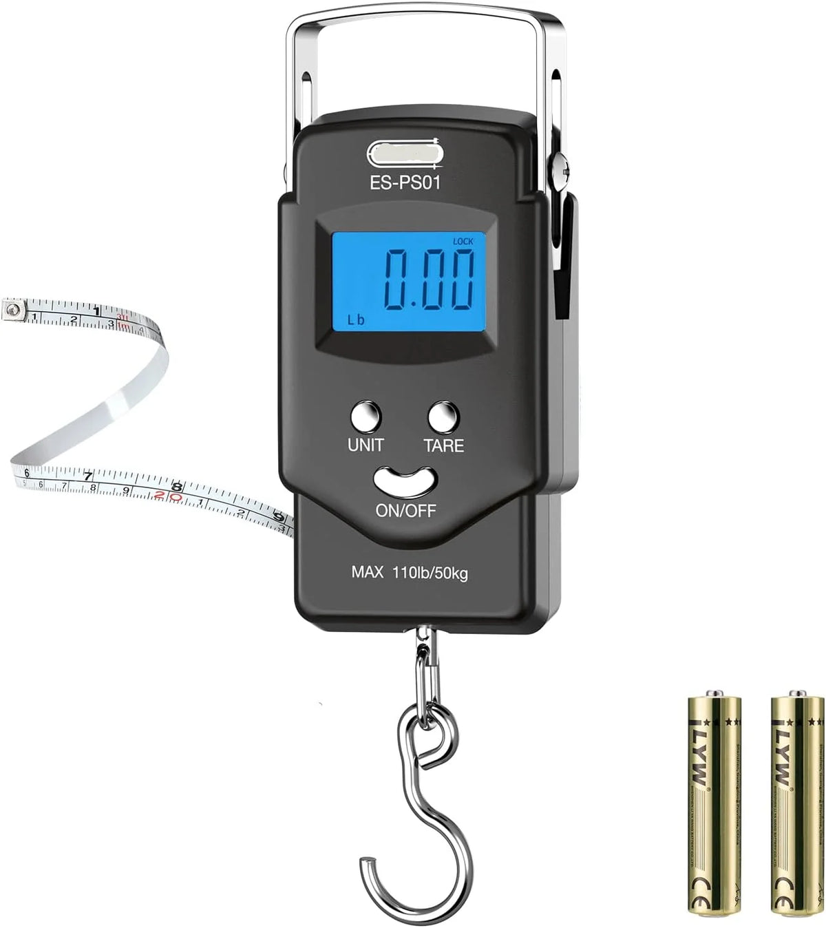 Digital Hanging Scale Built-In Tape Measure 110 Lb Capacity Backlit LCD