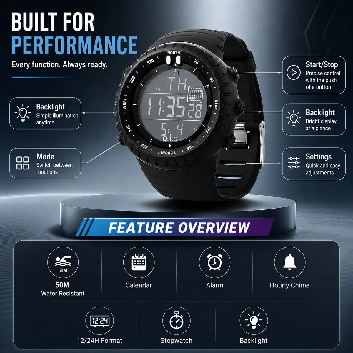 Digital Sports Watch Shockproof & Water-Resistant LED Backlight