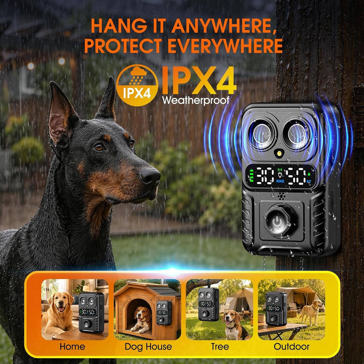 Dog Bark Deterrent Dual Ultrasonic Emitters Waterproof 30-Day Battery