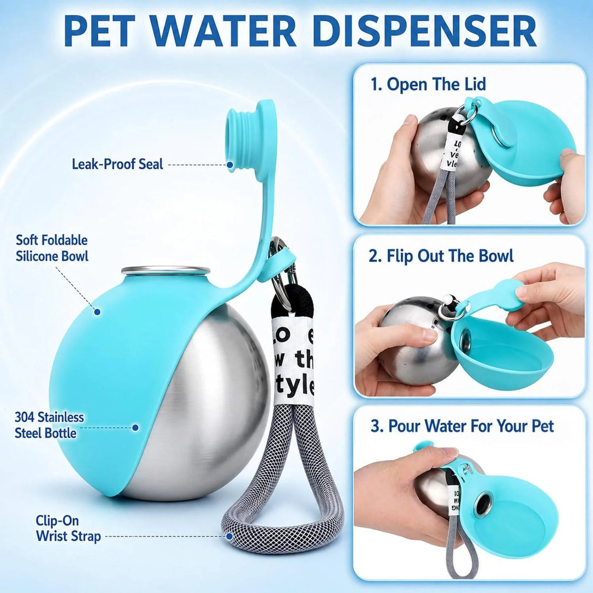 Dog Water Bottle Stainless Steel Foldable Bowl Leakproof