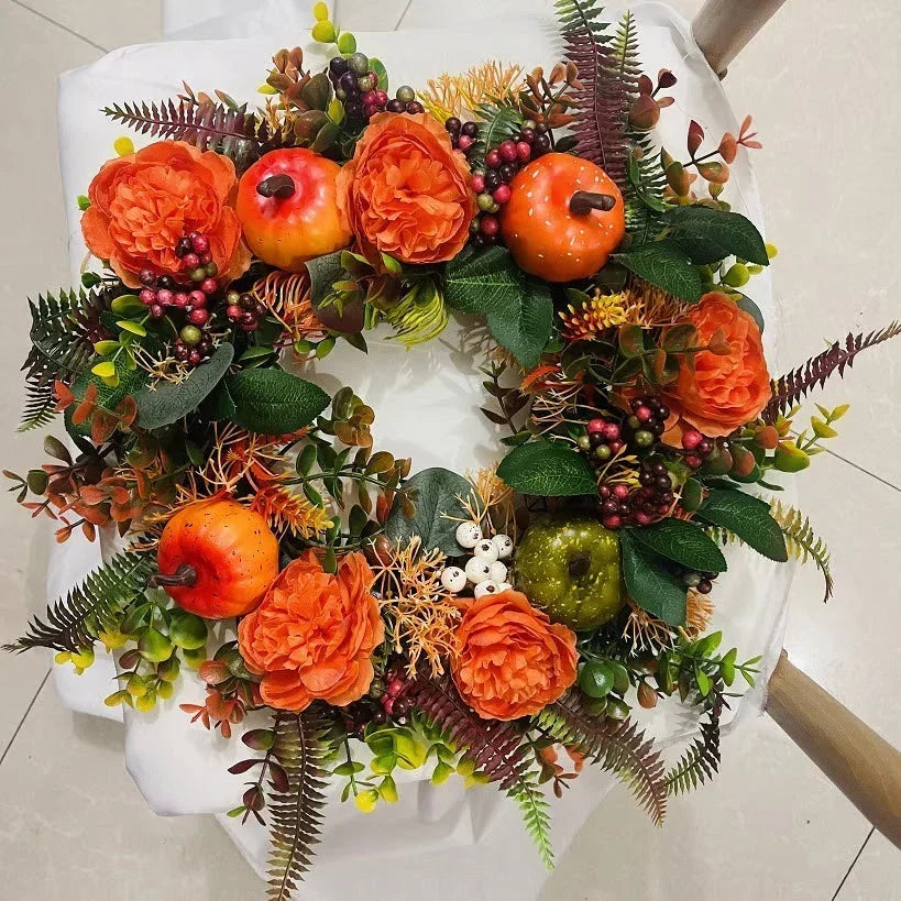 Door Wreath Handcrafted Weatherproof Peonies & Pumpkin Two Sizes