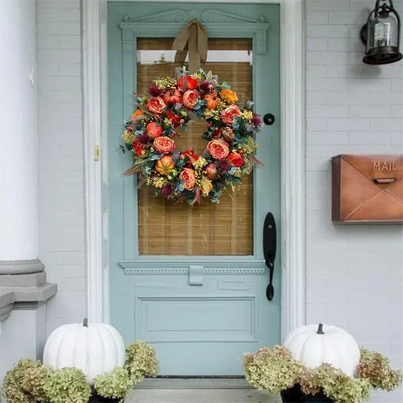 Door Wreath Handcrafted Weatherproof Peonies & Pumpkin Two Sizes
