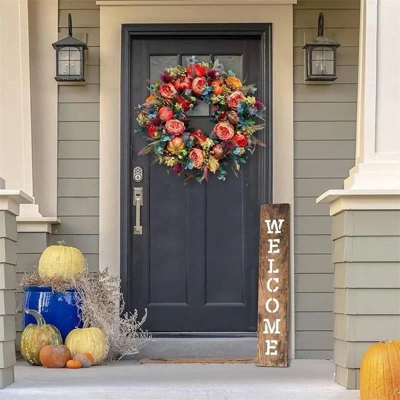 Door Wreath Handcrafted Weatherproof Peonies & Pumpkin Two Sizes