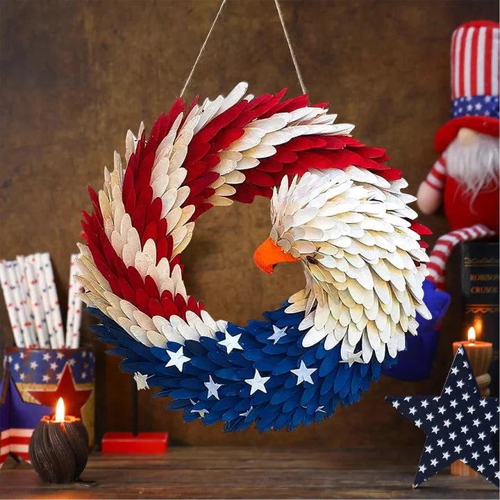 Door Wreath Handcrafted Wood Patriotic Eagle 12 Inch