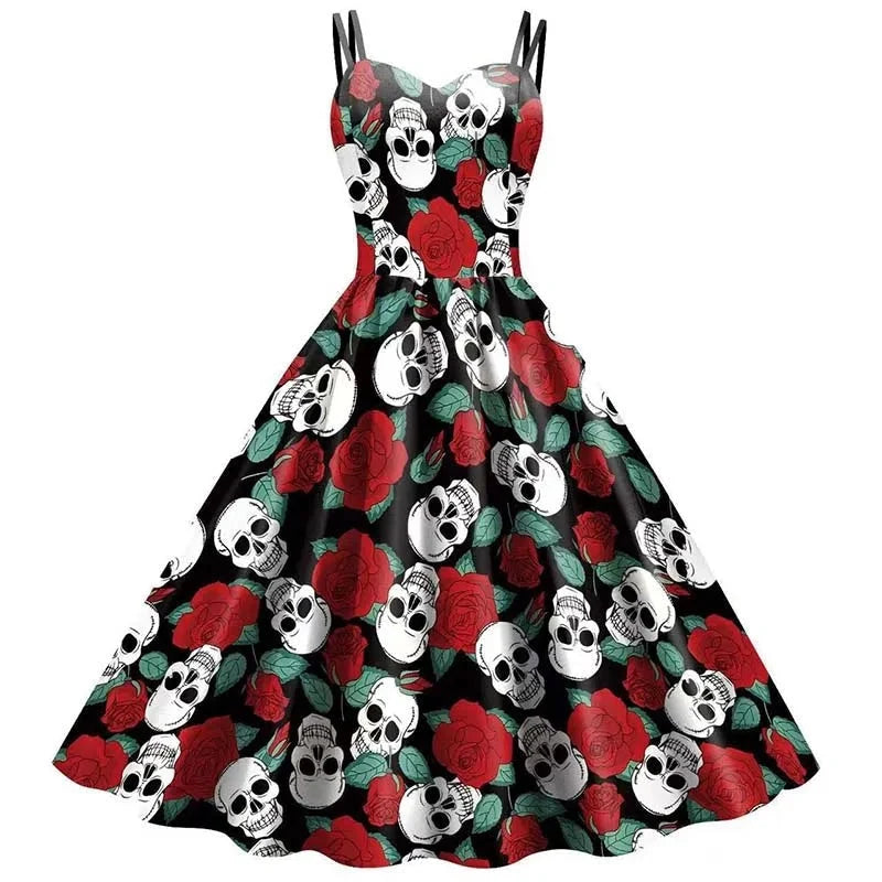 Dress Fit and Flare Skeleton & Rose Print