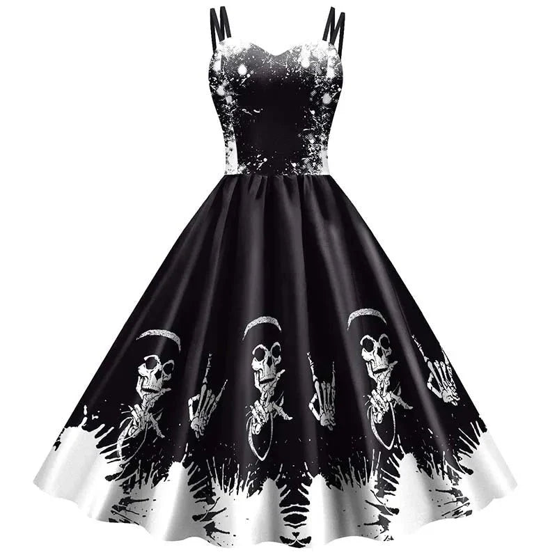 Dress Fit and Flare Skeleton & Rose Print