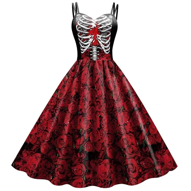Dress Fit and Flare Skeleton & Rose Print