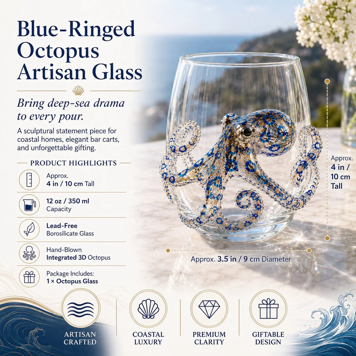 Drinking Glass Hand-Painted Octopus Motif