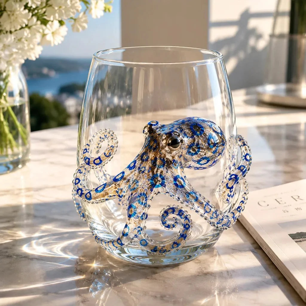 Drinking Glass Hand-Painted Octopus Motif