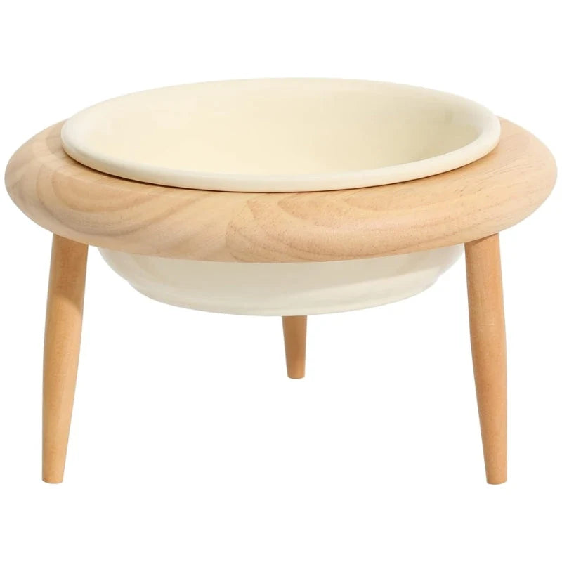 Elevated Cat Bowl Adjustable Height & Tilt Ceramic With Oak Stand