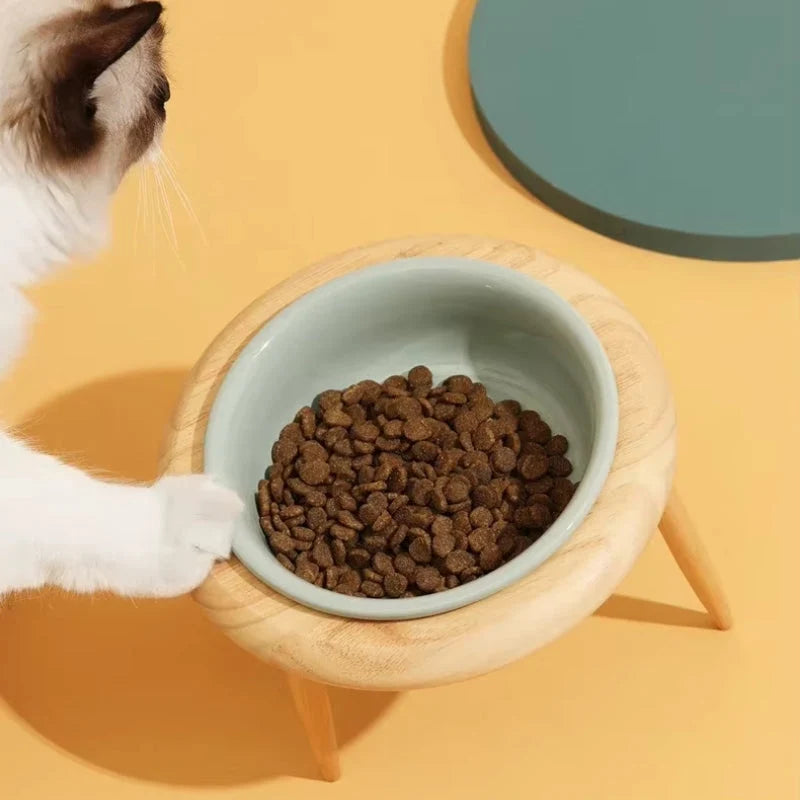 Elevated Cat Bowl Adjustable Height & Tilt Ceramic With Oak Stand