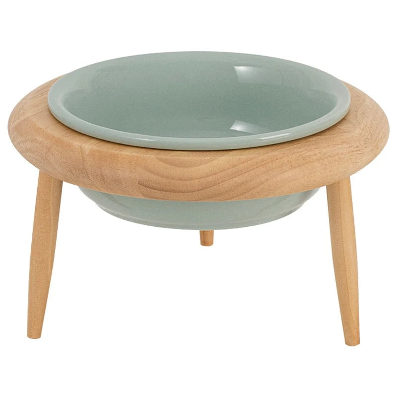 Elevated Cat Bowl Adjustable Height & Tilt Ceramic With Oak Stand