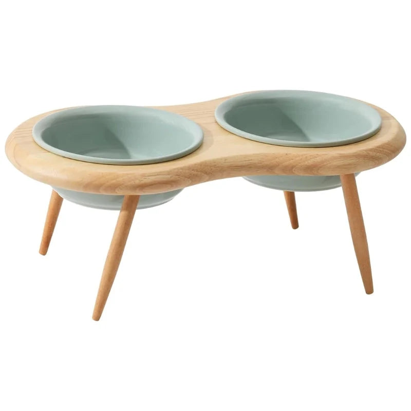 Elevated Cat Bowl Adjustable Height & Tilt Ceramic With Oak Stand