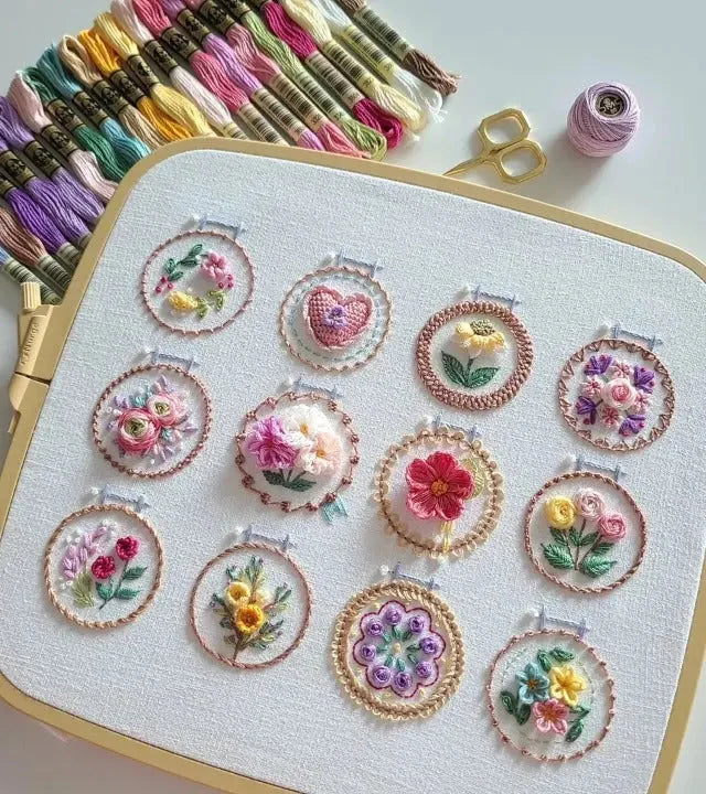 Embroidery Kit 12 Preprinted Flower Patterns Complete Set