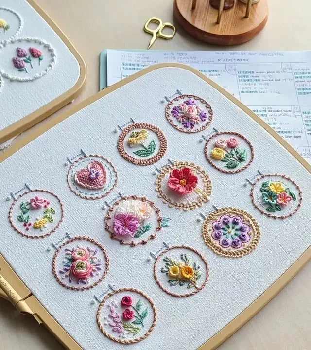 Embroidery Kit 12 Preprinted Flower Patterns Complete Set