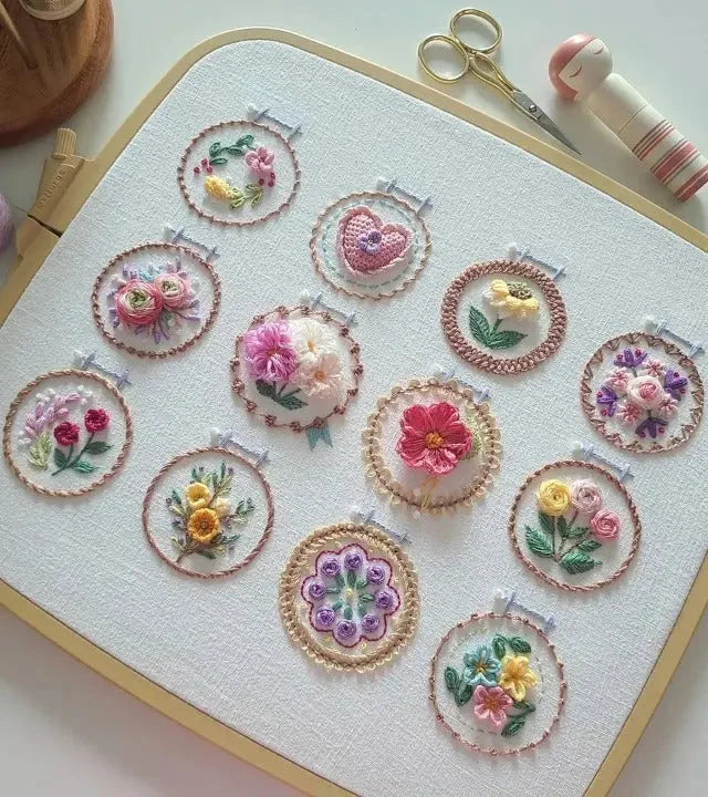 Embroidery Kit 12 Preprinted Flower Patterns Complete Set