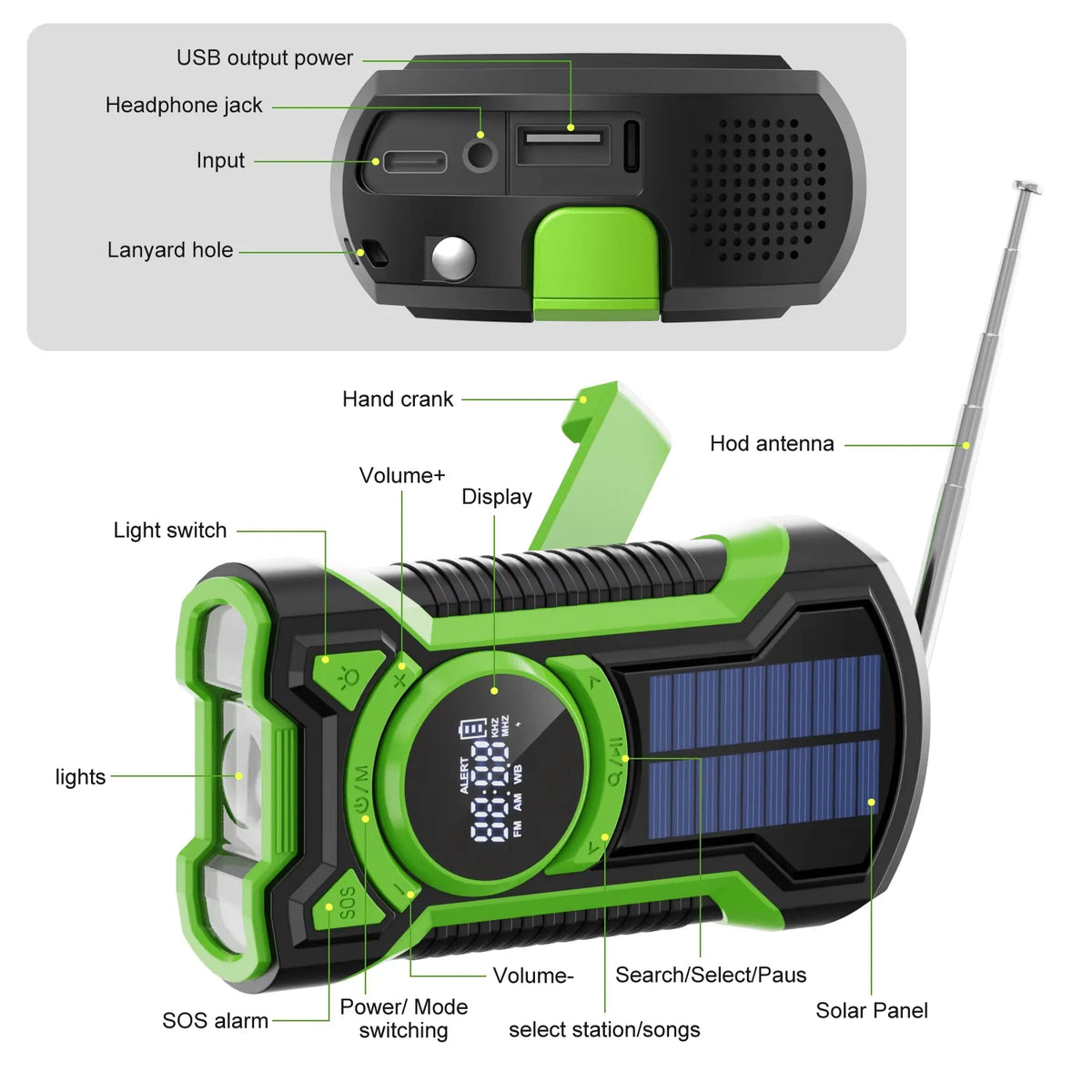 Emergency Radio Solar & Hand Crank Charging 5000mAh Power Bank