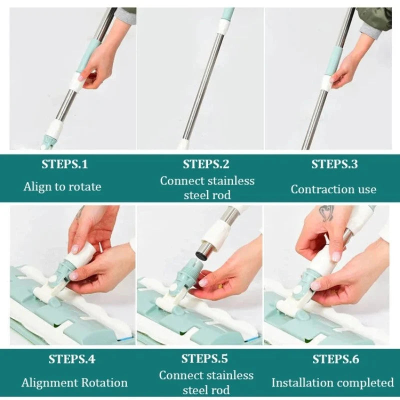 Flat Mop Telescopic Handle & Swivel Head Washable Microfiber Pads