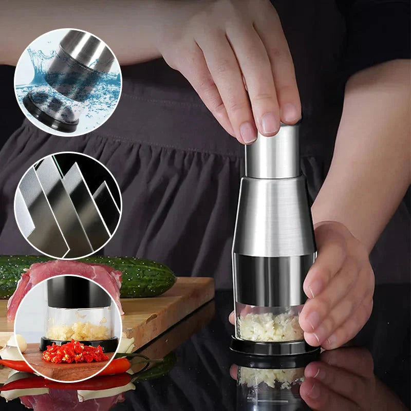 Garlic Chopper Enclosed Chamber Stainless Steel Blades & Ergonomic Grip