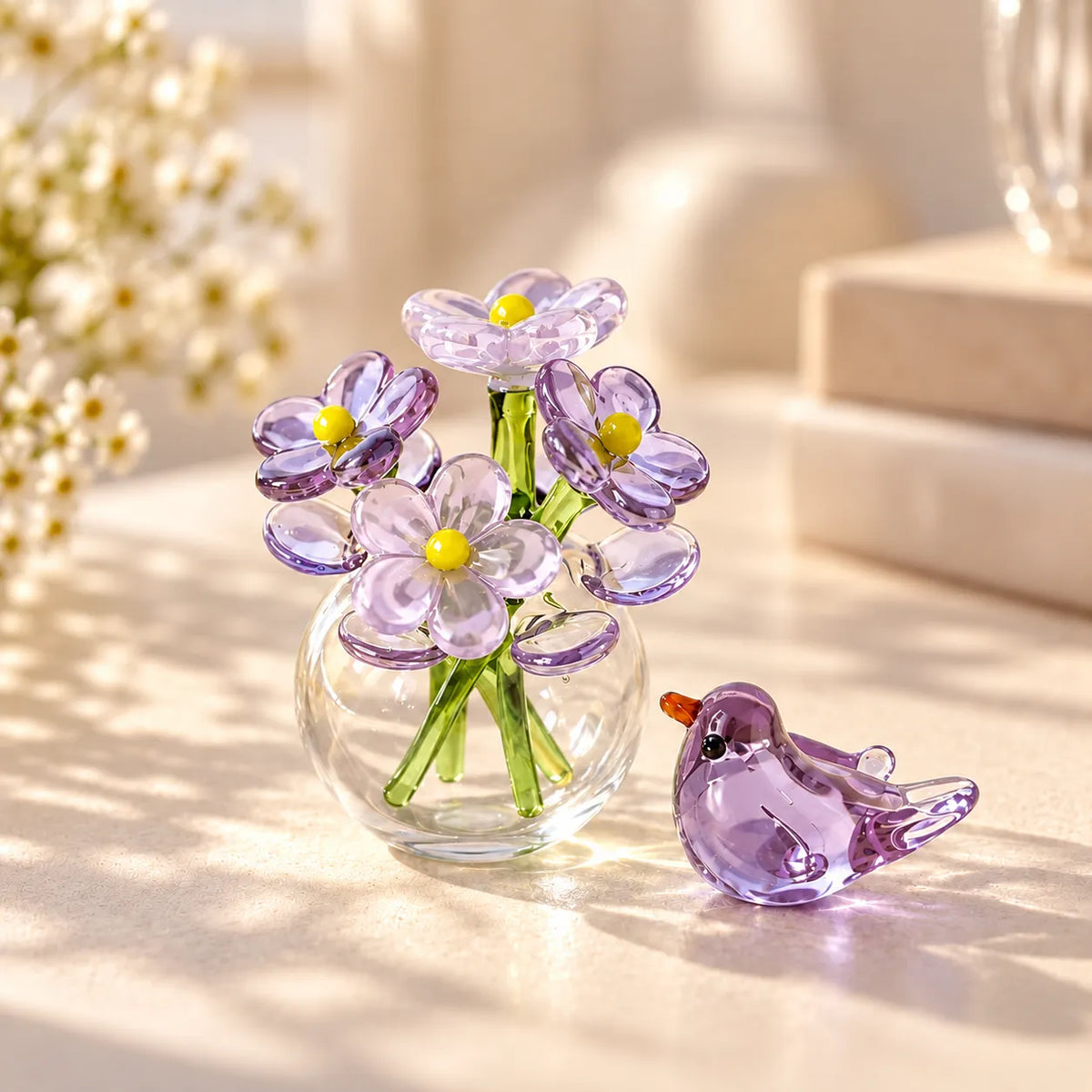 Glass Flower & Bird Decor Set Handmade Miniature