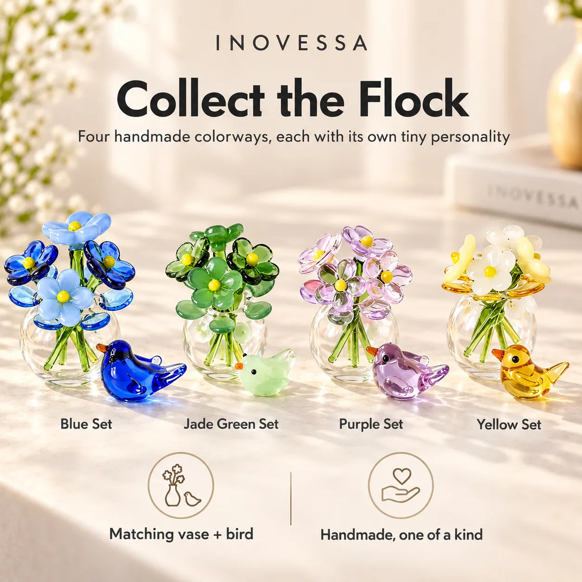 Glass Flower & Bird Decor Set Handmade Miniature