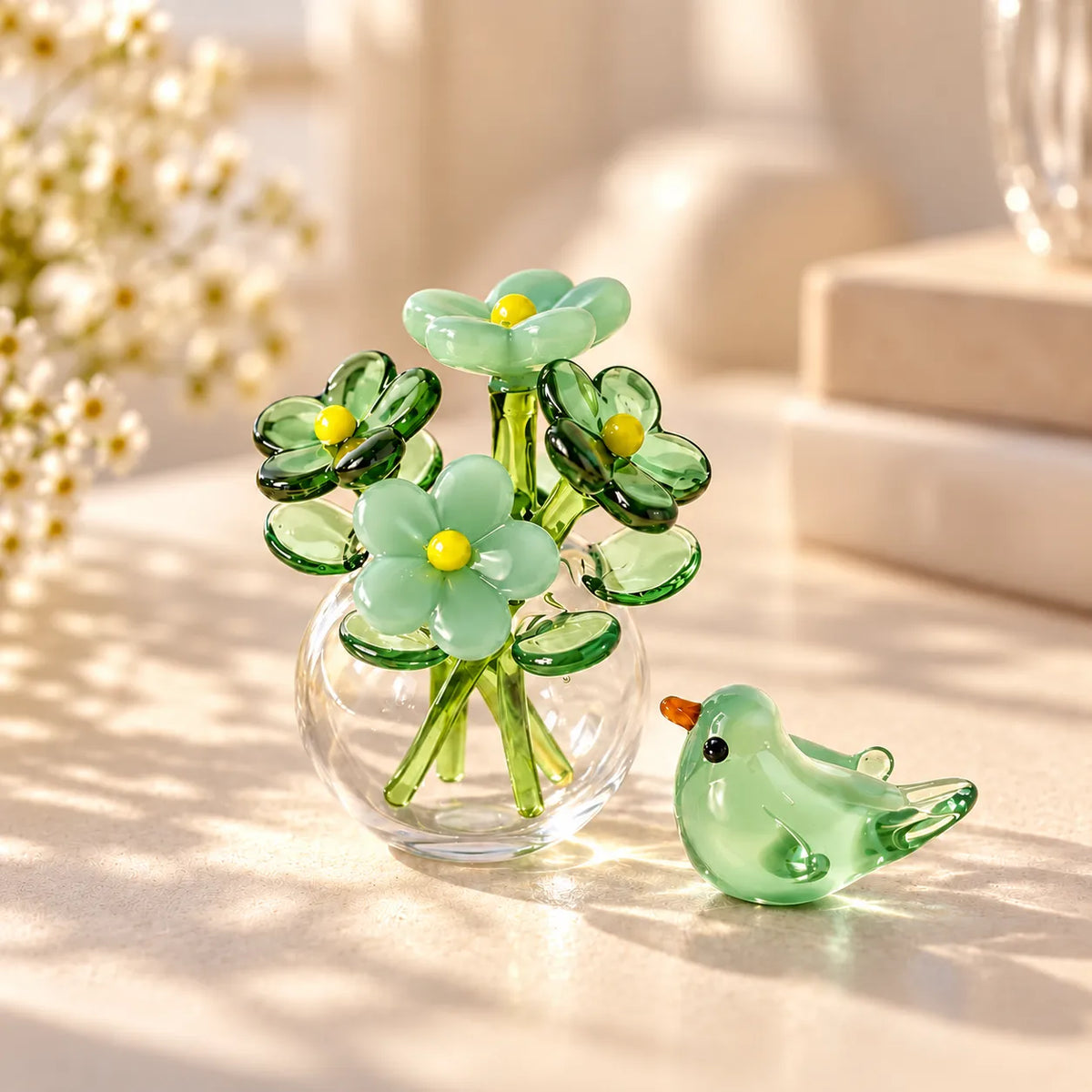 Glass Flower & Bird Decor Set Handmade Miniature