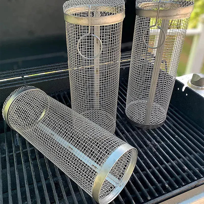 Grill Basket Stainless Steel Rolling Mechanism Secures Small Items
