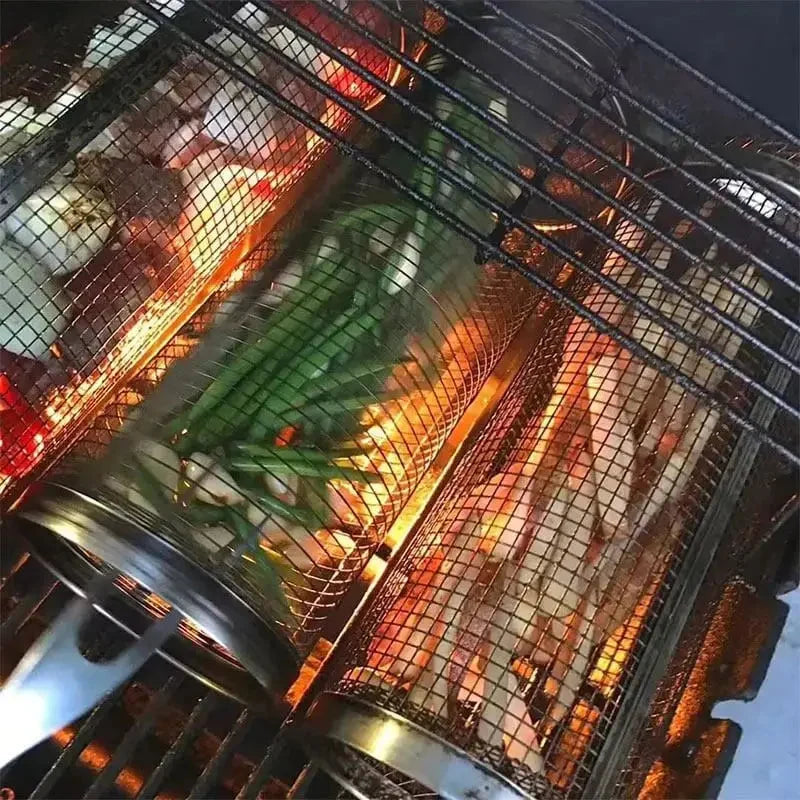 Grill Basket Stainless Steel Rolling Mechanism Secures Small Items