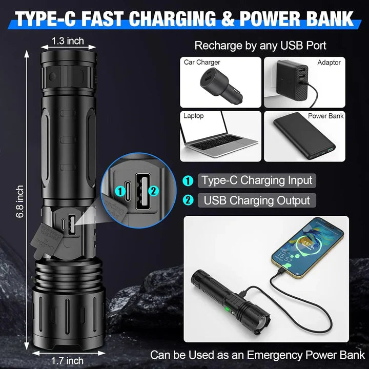 Handheld Flashlight High-Output LED Adjustable Focus Rechargeable