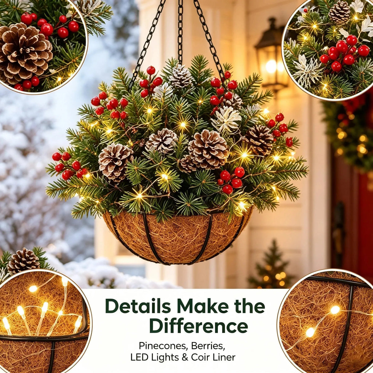 Hanging Christmas Basket Warm White LED Battery-Powered Lights