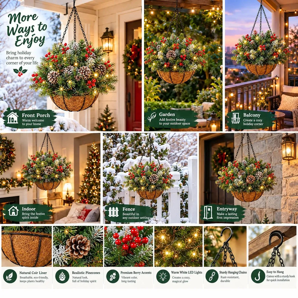Hanging Christmas Basket Warm White LED Battery-Powered Lights