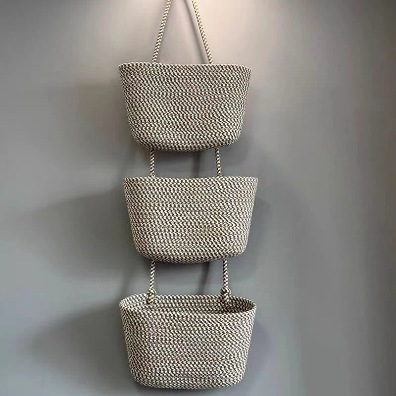 Hanging Storage Basket Cotton-Linen Over-The-Door Three Compartments