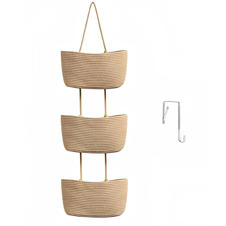 Hanging Storage Basket Cotton-Linen Over-The-Door Three Compartments