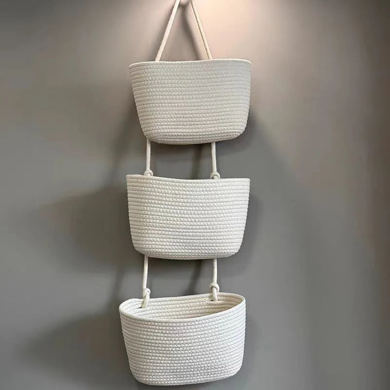Hanging Storage Basket Cotton-Linen Three Compartments & Door Hook
