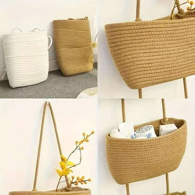 Hanging Storage Basket Cotton-Linen Three Compartments & Door Hook