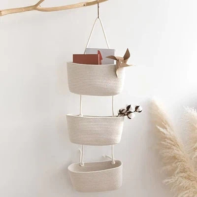 Hanging Storage Basket Cotton-Linen Three Compartments & Door Hook