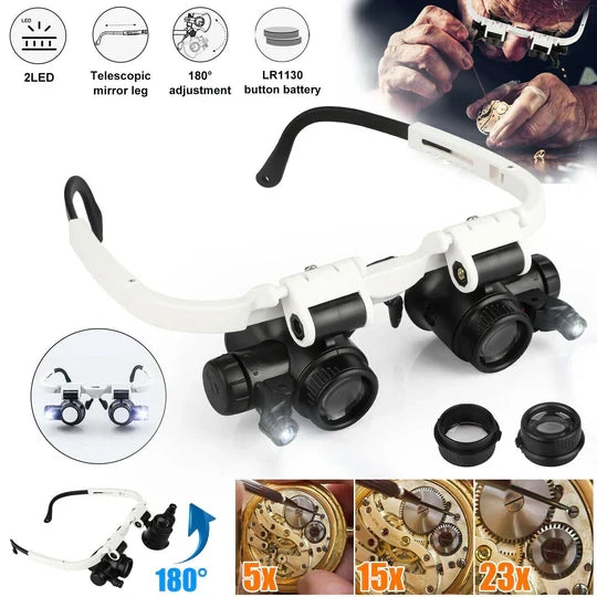 Headband Magnifier Hands-Free 10X–25X Interchangeable Lenses Dual LED Lights